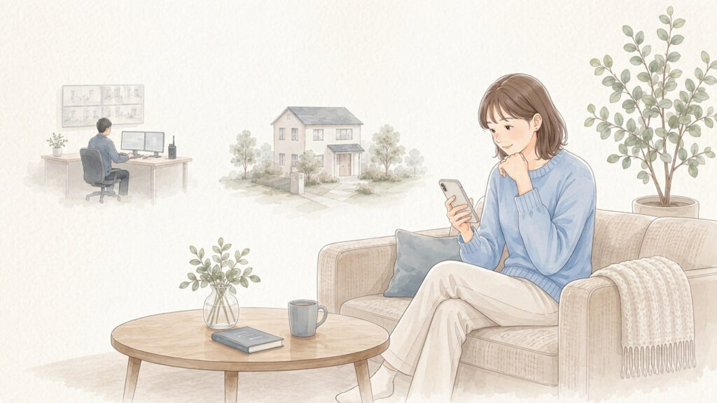 スマートフォンで自宅の状態を確認する女性とホームセキュリティのイメージ