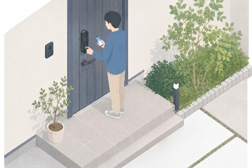玄関ドアの後付けスマートロックを操作する男性