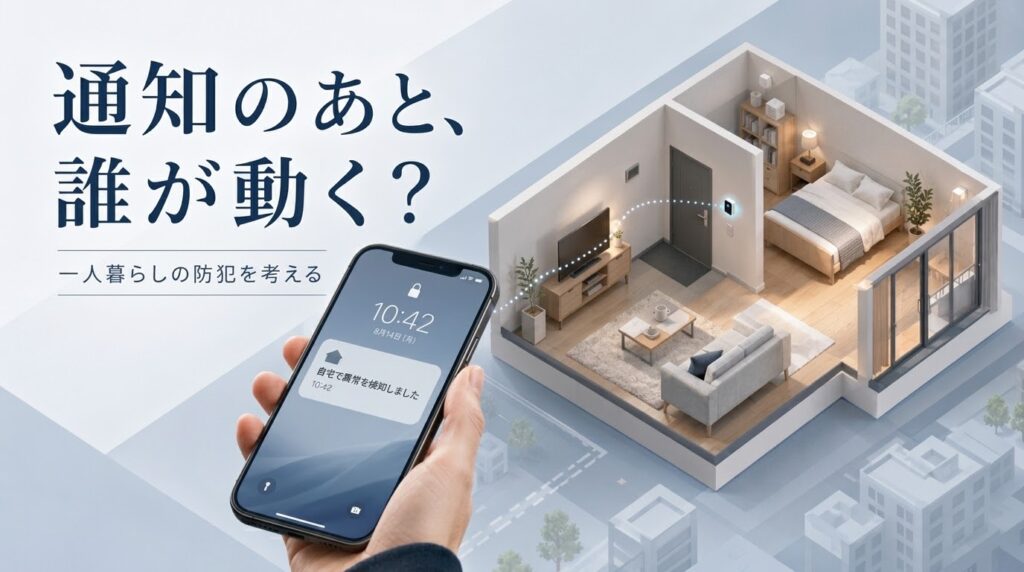 一人暮らしの部屋の間取りとスマートフォンの防犯通知を示すイメージ画像