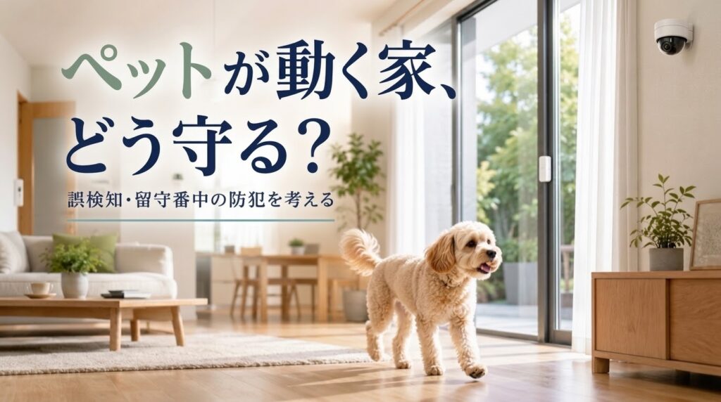 室内で過ごすペットと防犯カメラを示すイメージ画像