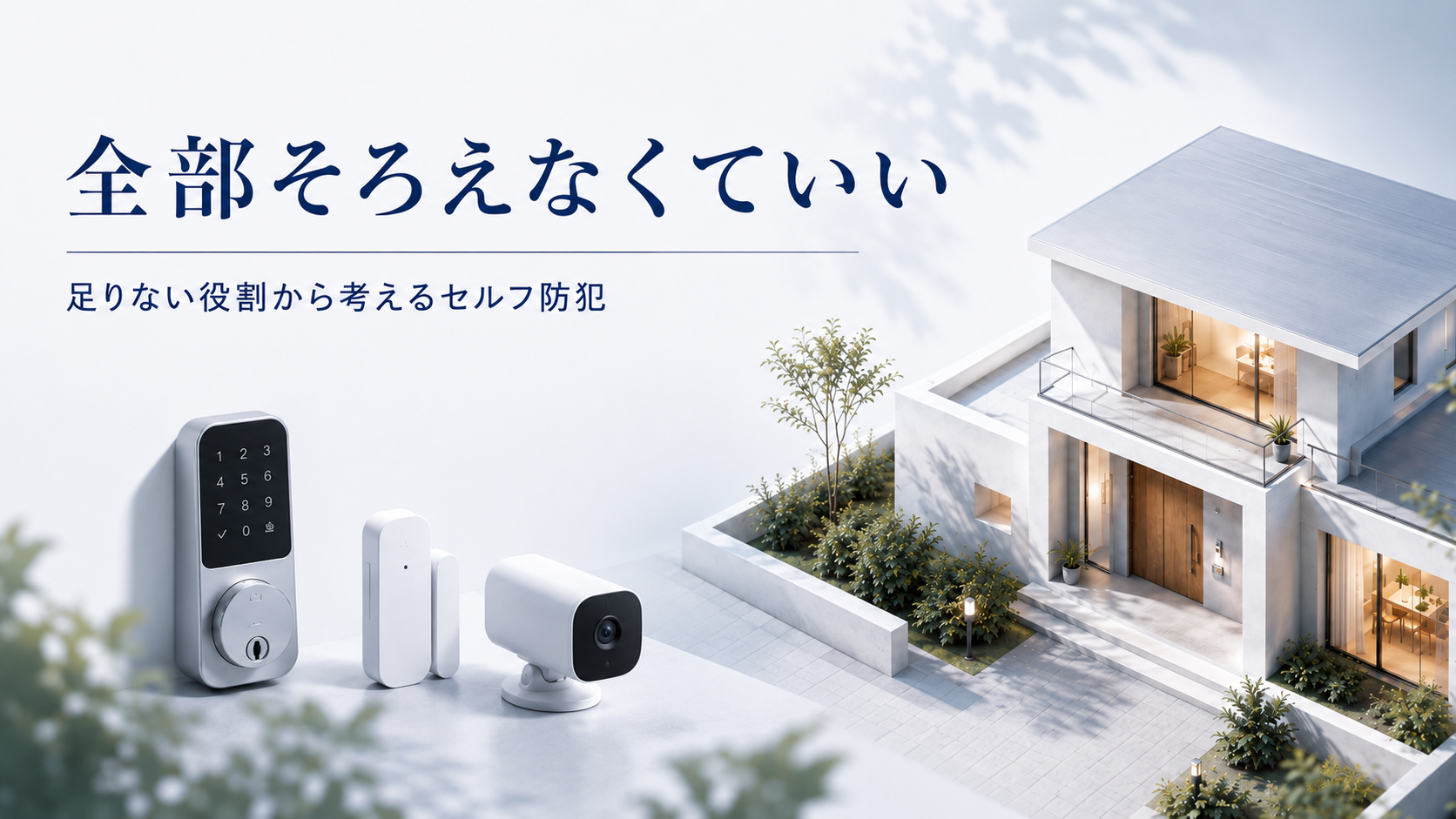 スマートロック・開閉センサー・防犯カメラと住宅を並べたイメージ画像