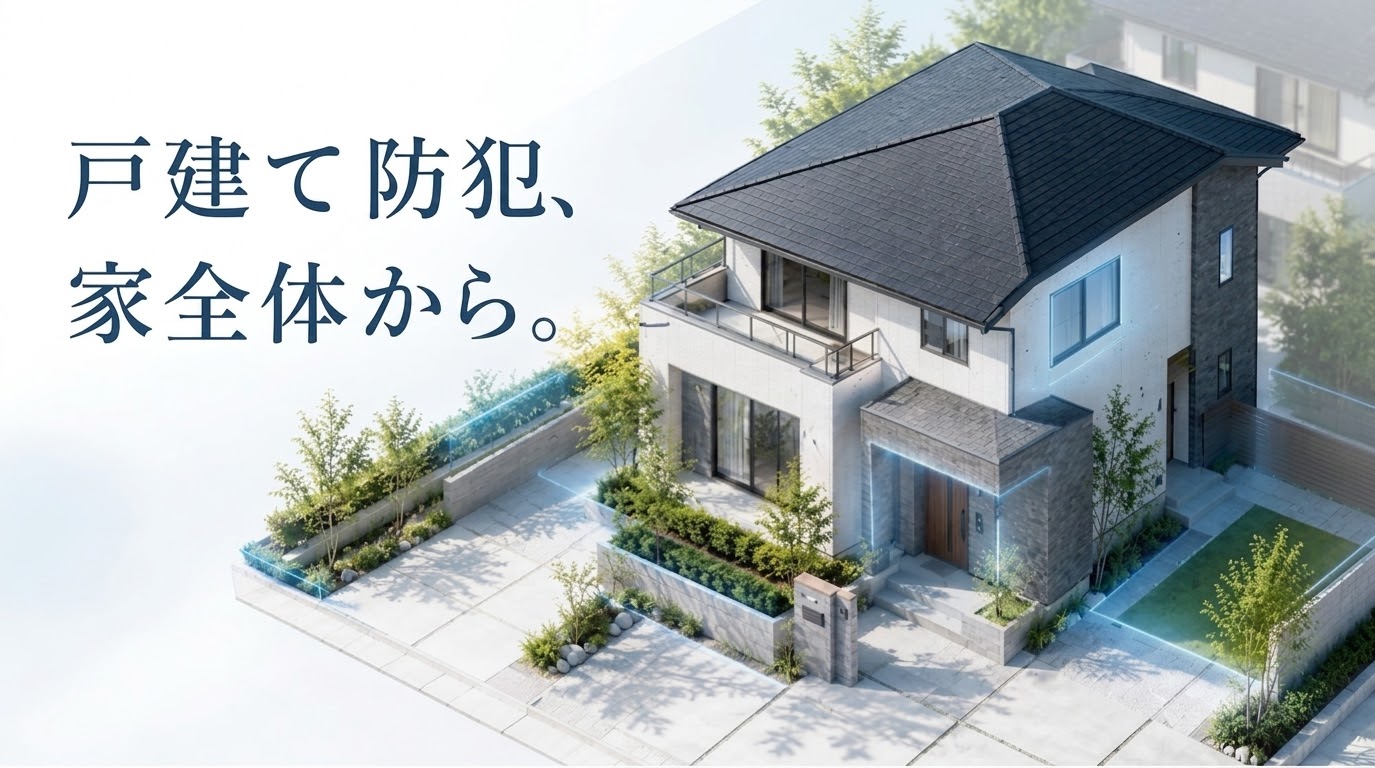 戸建て住宅の窓や玄関まわりの防犯ポイントを示すイメージ画像